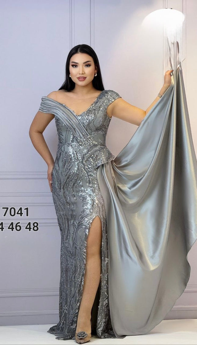 Off-The-Shoulder Sequin Side Drape Maxi Dress | Wedding Guest Bridal Photoshoot Mother of The Bride Birthday Celebration