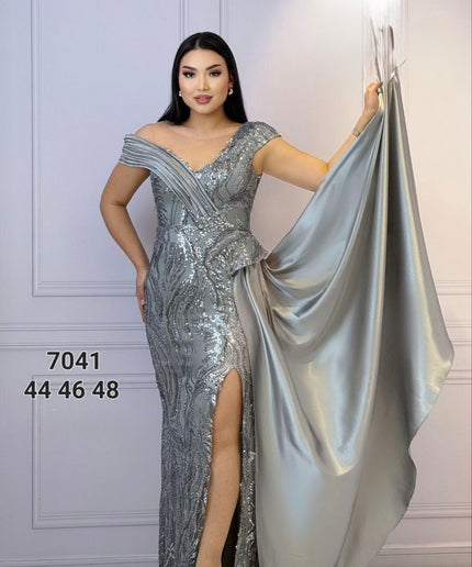 Off-The-Shoulder Sequin Side Drape Maxi Dress | Wedding Guest Bridal Photoshoot Mother of The Bride Birthday Celebration