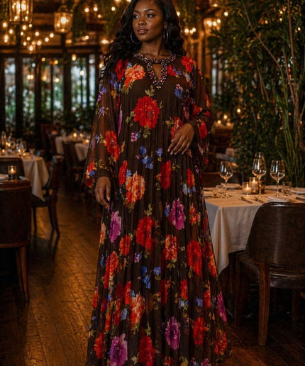 Orange Floral Embellished Neckline Pleated Twirl Skater Maxi Dress for Wedding Guest Mother of The Bride Birthday Photoshoot Cocktail Outfit