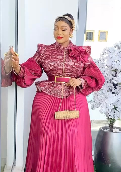 Bishop Sleeve Pleated A-Line Blouse and Skirt | Wedding Guest Birthday Party Gala