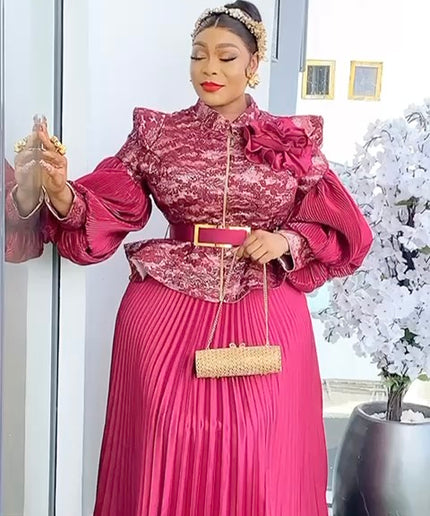 Bishop Sleeve Pleated A-Line Blouse and Skirt | Wedding Guest Birthday Party Gala