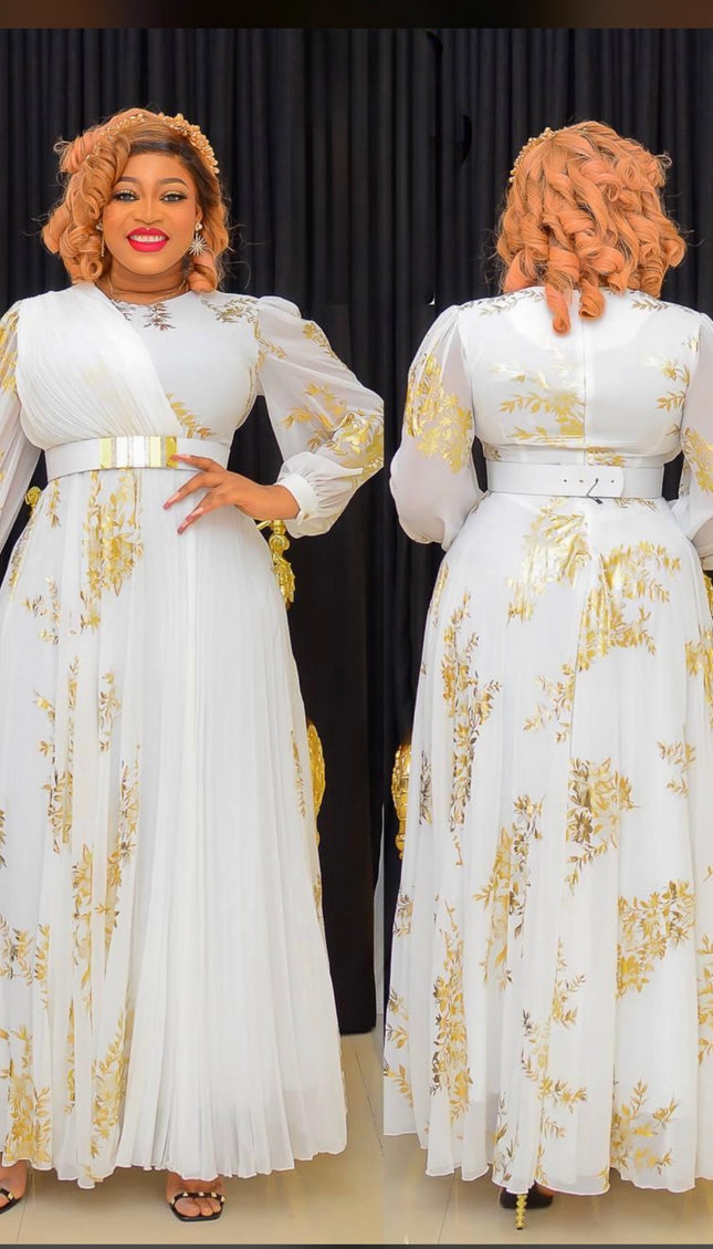 White & Gold Long Sleeve Pleated Flare Maxi Dress for Wedding Guest Birthday Party Cocktail