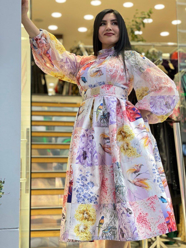 Classy Floral Pleated Twirl Skater Midi Dress for Tea Party Wedding Guest Church Anniversary Mother of The Bride Cocktail Birthday Photoshoot Outfit