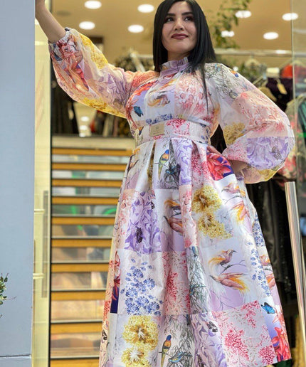 Classy Floral Pleated Twirl Skater Midi Dress for Tea Party Wedding Guest Church Anniversary Mother of The Bride Cocktail Birthday Photoshoot Outfit