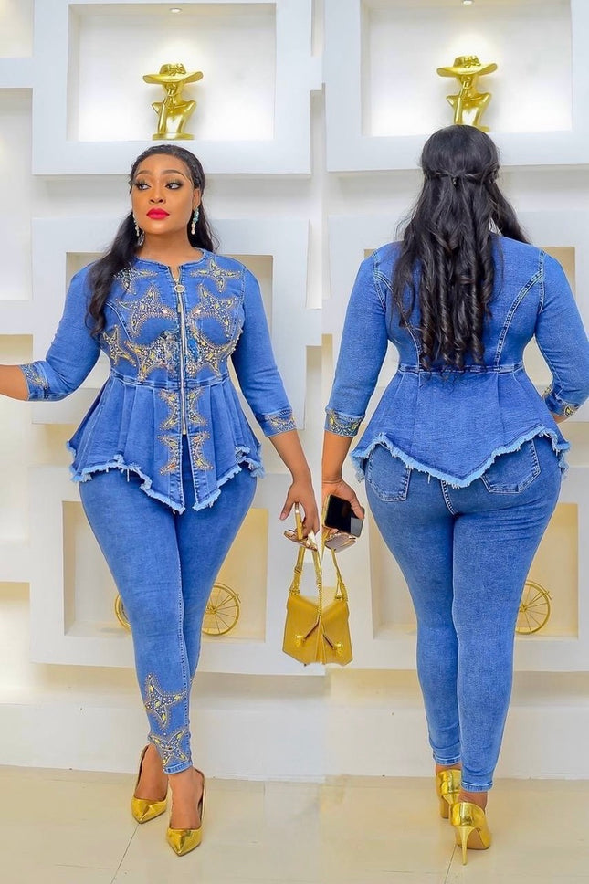 Blue Denim & Diamonds Birthday Party Outfit, Rhinestone Peplum Top & Pants 2-Piece Set Curvy Stretch Jeans