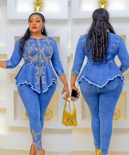 Blue Denim & Diamonds Birthday Party Outfit, Rhinestone Peplum Top & Pants 2-Piece Set Curvy Stretch Jeans