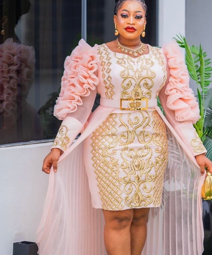 White Sequin Wedding Guest Maxi Dress, Plus Size Mother of The Bride Overskirt A-Line Gown Curvy, Ruffle Sleeve Embellished, Birthday Party Anniversary Grad Cocktail
