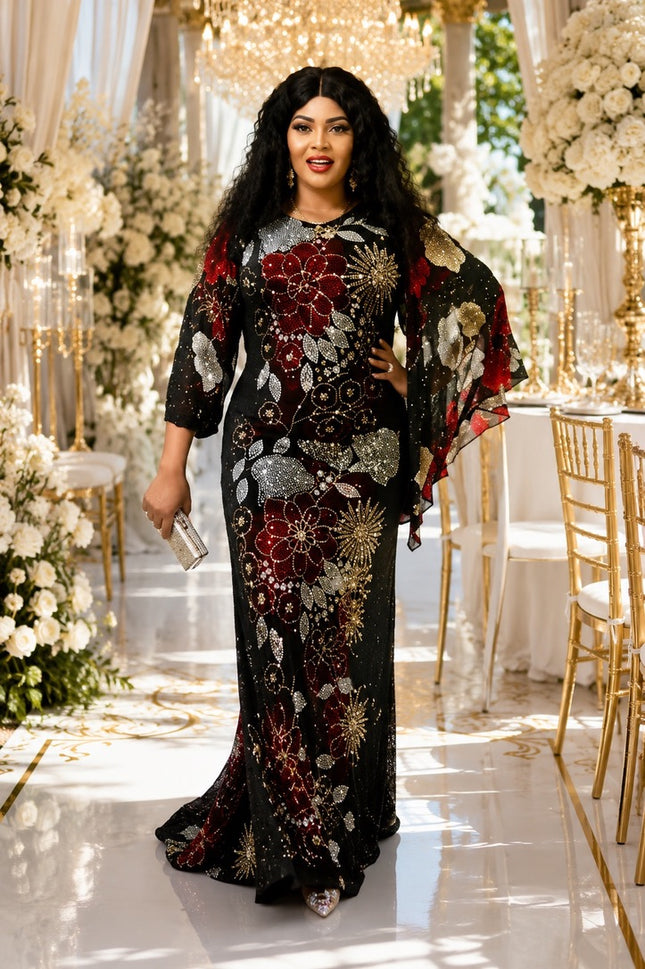 Statement Black Crystal-Embellished Floral Stretch Maxi Dress Wedding Guest Birthday Cocktail Party Outfit