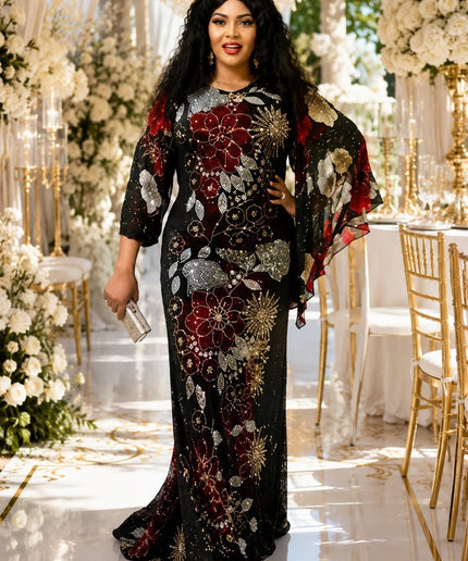 Statement Black Crystal-Embellished Floral Stretch Maxi Dress Wedding Guest Birthday Cocktail Party Outfit