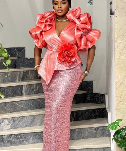Dramatic Ruffle Sleeve Sequin Maxi Dress | Wedding Guest Look Birthday Party Mother of The Bride