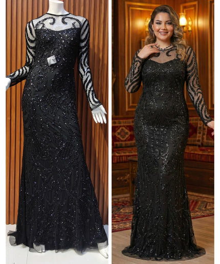 Sparkly Green Embellished Long Sleeve Evening Gown for Wedding Guest Prom Mother of The Bride Photoshoot Birthday Dinner