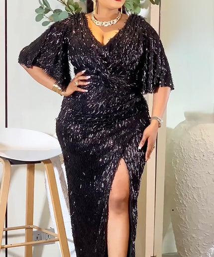 Gold Sequin Fringe Maxi Dress with Slit for Wedding Guest Birthday Party Mother of The Bride Photoshoot