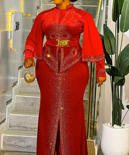 Red Velvet Crystal Embellished Peplum Maxi Dress - Wedding Guest Mother of The Bride Anniversary Cocktail