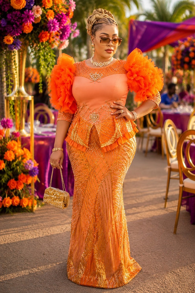 "Picture Perfect" Orange Sequin Ruffle Sleeve Peplum Maxi Dress for Wedding Guest Mother of The Bride Celebrant Birthday Cocktail Reception