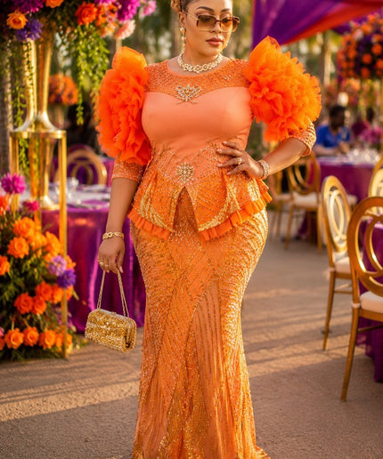 "Picture Perfect" Orange Sequin Ruffle Sleeve Peplum Maxi Dress for Wedding Guest Mother of The Bride Celebrant Birthday Cocktail Reception