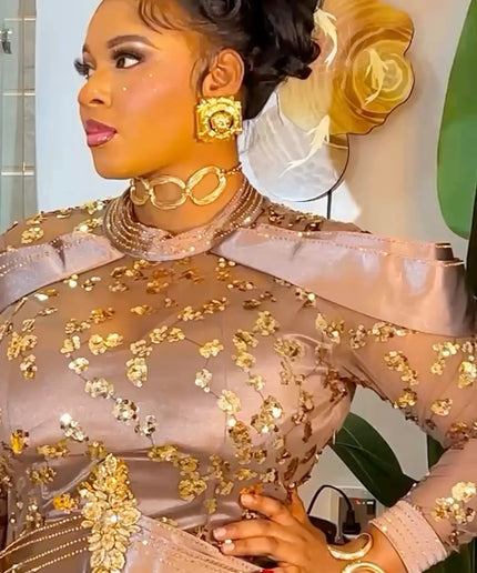 Green Embellished Long Sleeve Mermaid Gown - Formal Evening Dress Wedding Guest Mother of The Bride Birthday Dinner Party Cocktail Gala  Reception