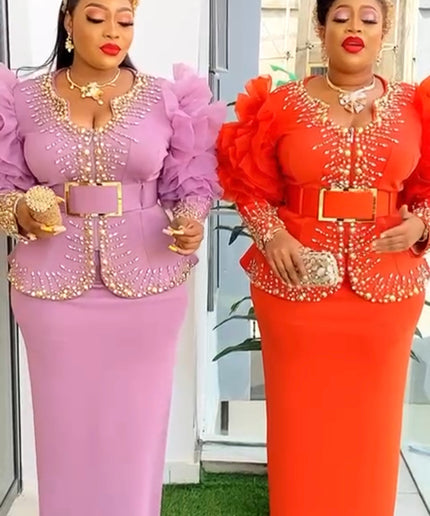 Orange Embellished Ruffle Sleeve Top & Skirt 2-Piece Set for Wedding Guest Birthday Party Celebrant Photoshoot