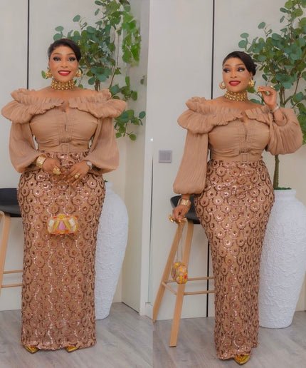 Off-The-Shoulder Sequin Bishop Sleeve Party Dress: Wedding Birthday Cocktail Gala