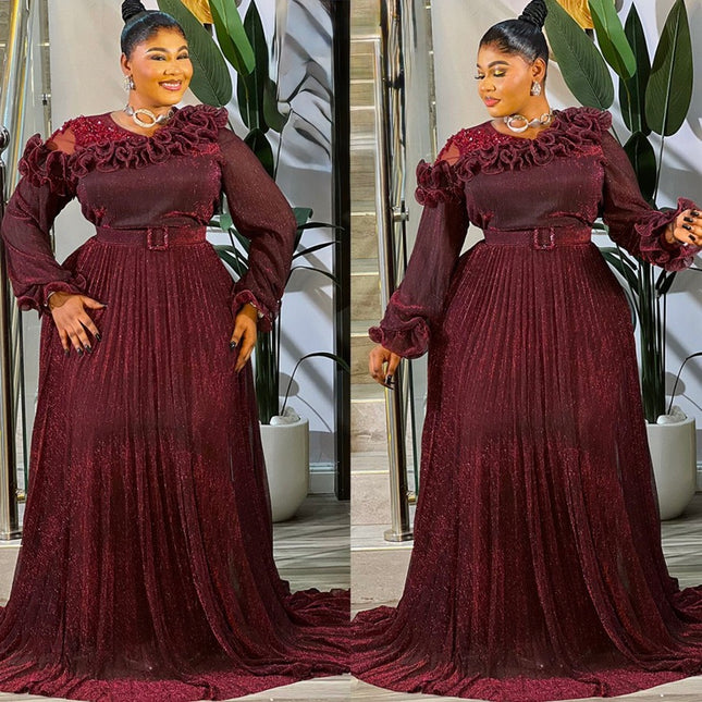 Burgundy Ruffled Off-The-Shoulder Embellished Pleated Maxi Dress: Birthday Party Anniversary Dinner Wedding Guest Attire