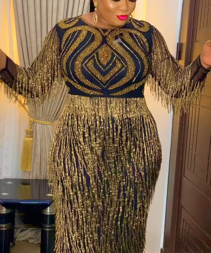 Gold Beaded Fringe Maxi Dress Embellished Wedding Guest Dress Birthday Party Cocktail Dinner Celebrant Worthy