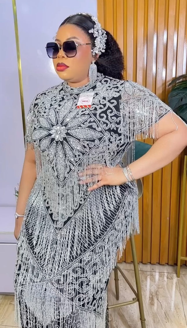 Silver Crystal Fringe Embellished Maxi Dress