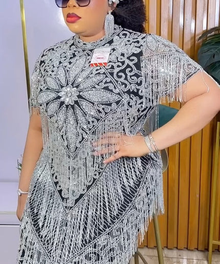 Silver Crystal Fringe Embellished Maxi Dress