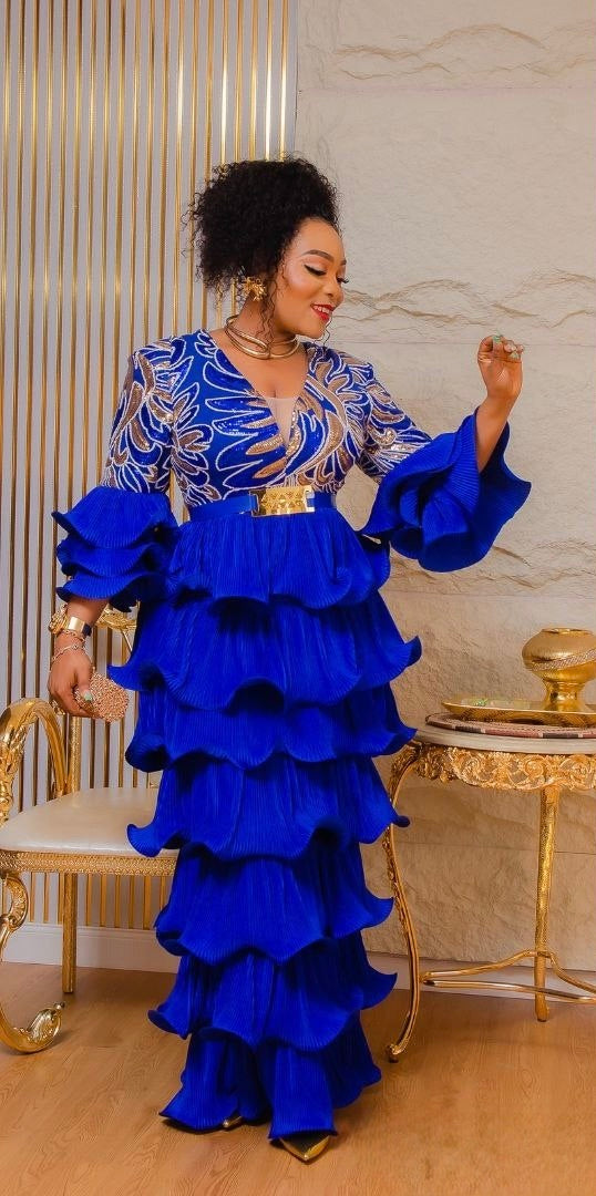 White and Gold Sequin Party Dress, Tiered Waterfall Ruffles Long Maxi Plus Size Mother of The Bride Gown, Cocktail Graduation Dinner Gala