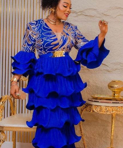 White and Gold Sequin Party Dress, Tiered Waterfall Ruffles Long Maxi Plus Size Mother of The Bride Gown, Cocktail Graduation Dinner Gala