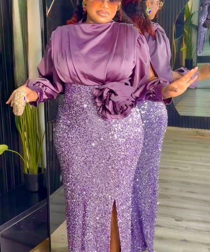 Purple Sequin Wedding Guest Dress Slit Sleeve, Plus Size Evening Wear Mother of The Bride, Cocktail Anniversary Party Birthday