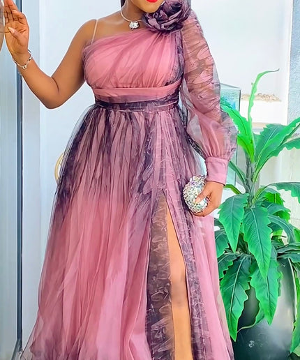One Shoulder Tulle A-Line Maxi Gown with Slit, Mother of The Bride Plus Size Blue Summer Wedding Guest Gown Birthday Party Cocktail Gala