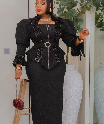 Black Brocade Dramatic Power Shoulder Sequin Top & Skirt 2-Piece Outfit, Mother of The Bride Birthday Photoshoot Gala Anniversary