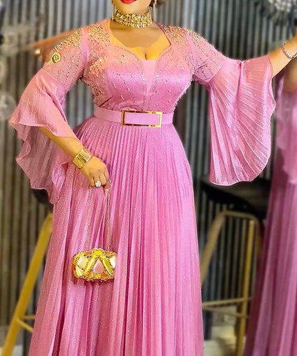 Glamorous Gold Embellished Wide Sleeve Pleated Maxi Dress, Floor Length Formal Evening Gown for Mother of The Bride Wedding Guest Cocktail Gala Anniversary Plus Size
