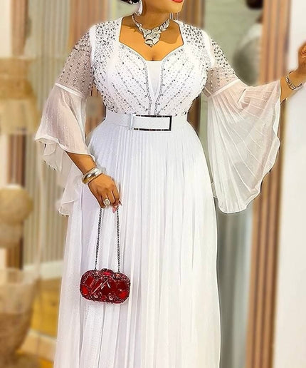 Glamorous Gold Embellished Wide Sleeve Pleated Maxi Dress, Floor Length Formal Evening Gown for Mother of The Bride Wedding Guest Cocktail Gala Anniversary Plus Size