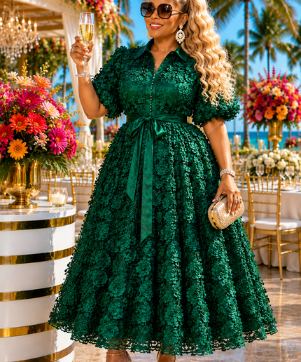 "It's Giving Luxury" White 3D Flower Pleated Maxi Dress for Wedding Guest Church Anniversary Birthday Tea Cocktail Reception Engagement Ceremony Party Outfit