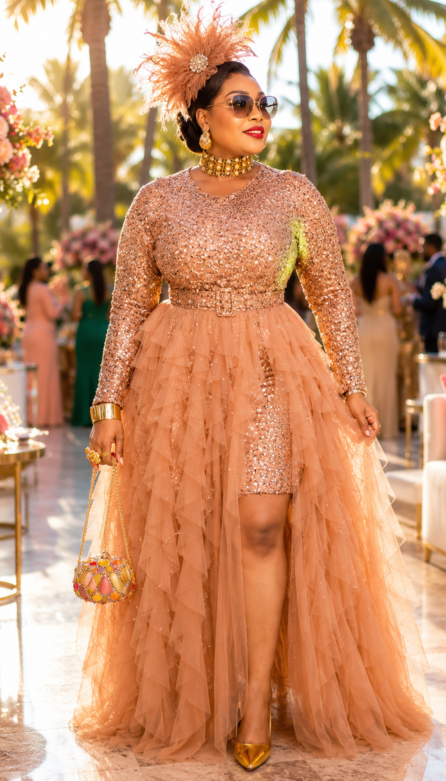 "The Compliment Collector" Red Sequin Wedding Guest Dress with Ruffle Tulle Overlay Formal Cocktail Party Mother of The Bride Celebrant Special Occasion Gown