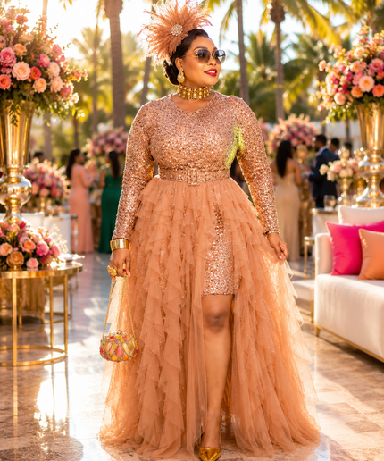 "The Compliment Collector" Red Sequin Wedding Guest Dress with Ruffle Tulle Overlay Formal Cocktail Party Mother of The Bride Celebrant Special Occasion Gown