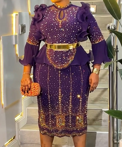 Blue Rhinestone-Embellished Ruffle Sleeve Midi Dress: Wedding Guest Birthday Cocktail Dinner