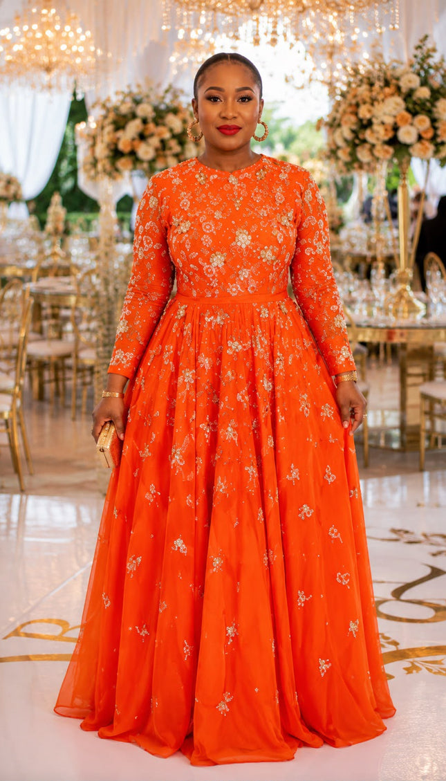 "Make An Entrance" Orange Sequin 3D Floral Hand-Embellished A-Line Gown for Mother of The Bride Birthday Party Celebrant Photoshoot Wedding Guest Maxi Dress