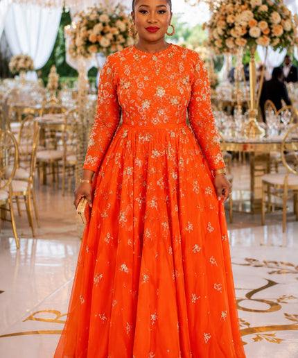 "Make An Entrance" Orange Sequin 3D Floral Hand-Embellished A-Line Gown for Mother of The Bride Birthday Party Celebrant Photoshoot Wedding Guest Maxi Dress