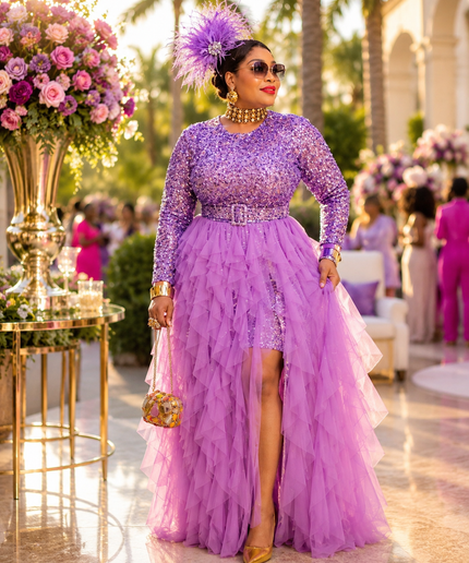 "The Compliment Collector" Red Sequin Wedding Guest Dress with Ruffle Tulle Overlay Formal Cocktail Party Mother of The Bride Celebrant Special Occasion Gown
