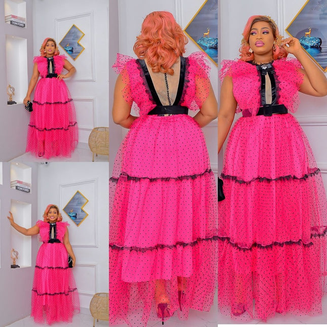 Pink Dramatic Ruffle Polka Dot Maxi Dress Summer Wedding Guest Outfit Birthday Photoshoot Cocktail Party Gala