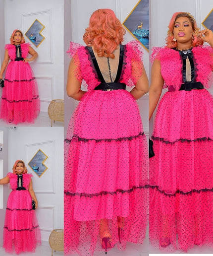 Pink Dramatic Ruffle Polka Dot Maxi Dress Summer Wedding Guest Outfit Birthday Photoshoot Cocktail Party Gala