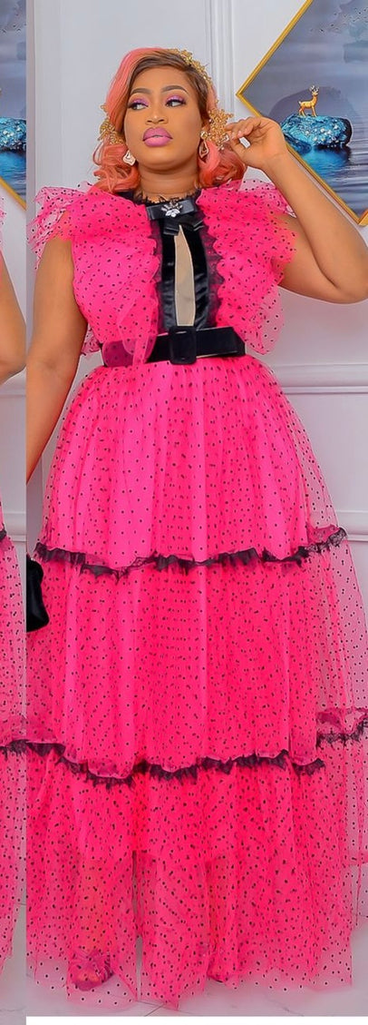 Pink Dramatic Ruffle Polka Dot Maxi Dress Summer Wedding Guest Outfit Birthday Photoshoot Cocktail Party Gala