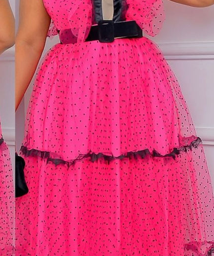 Pink Dramatic Ruffle Polka Dot Maxi Dress Summer Wedding Guest Outfit Birthday Photoshoot Cocktail Party Gala