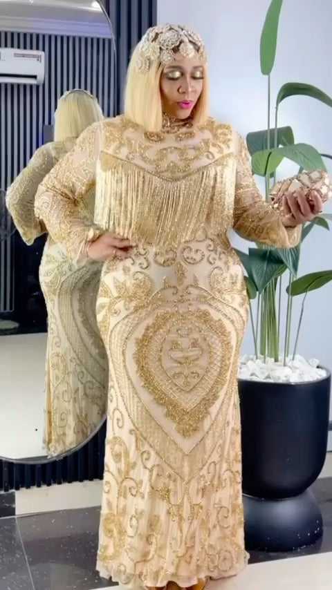 Gold Fringe Crystal Embellished Maxi Dress | Party Wedding Prom Mother of The Bride Celebrant