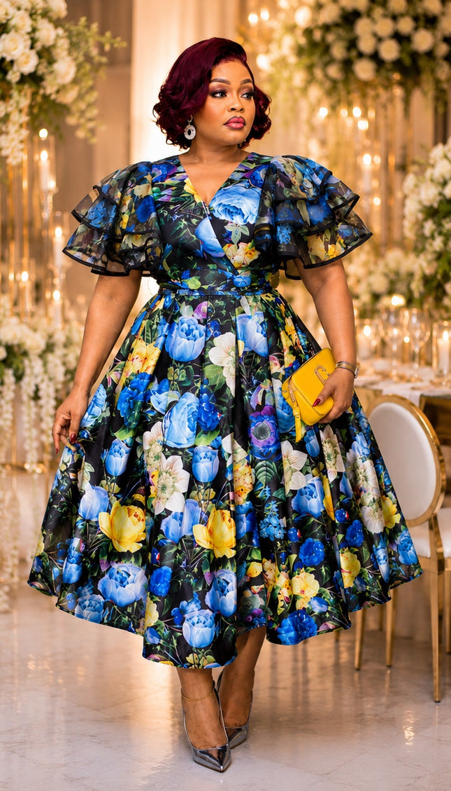 Blue Floral Ruffle Sleeve Twirl Flare Skater Midi Dress - Wedding Guest Graduation Church Anniversary Birthday Cocktail Tea Party Outfit