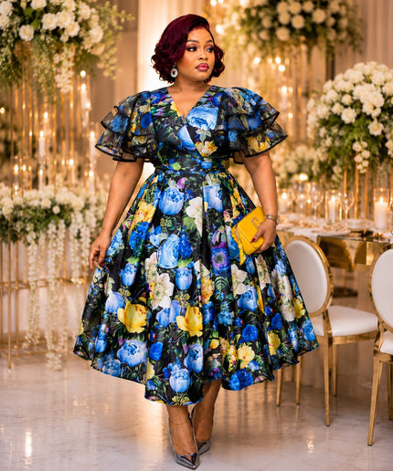 Yellow Floral Ruffle Sleeve Twirl Flare Skater Midi Dress - Wedding Guest Graduation Church Anniversary Birthday Cocktail Tea Party Outfit