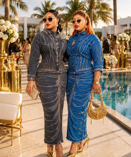 Classy Rhinestone Denim 2-Piece Matching Top & Skirt Set Cotton Stretch Jeans Outfit - Birthday Day Party Photoshoot
