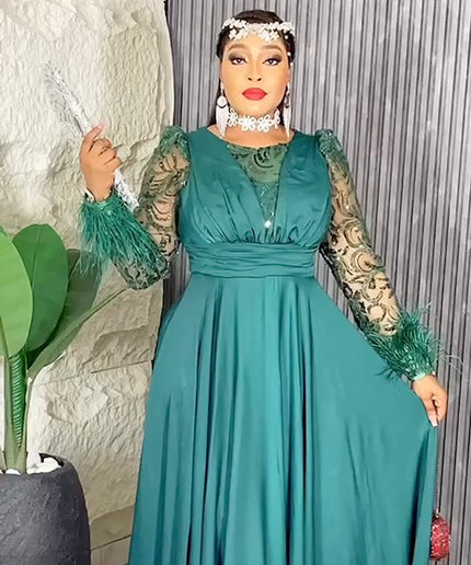 Sequin Feather Detail Sleeve Evening Gown