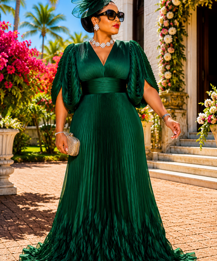 "Center of Attention" Lemon Green Embellished Draped Sleeve Ruffle Pleated Maxi Dress for Birthday Party Celebrant Cocktail Reception Mother of The Bride Wedding Guest Long Holiday Formal Evening Gown